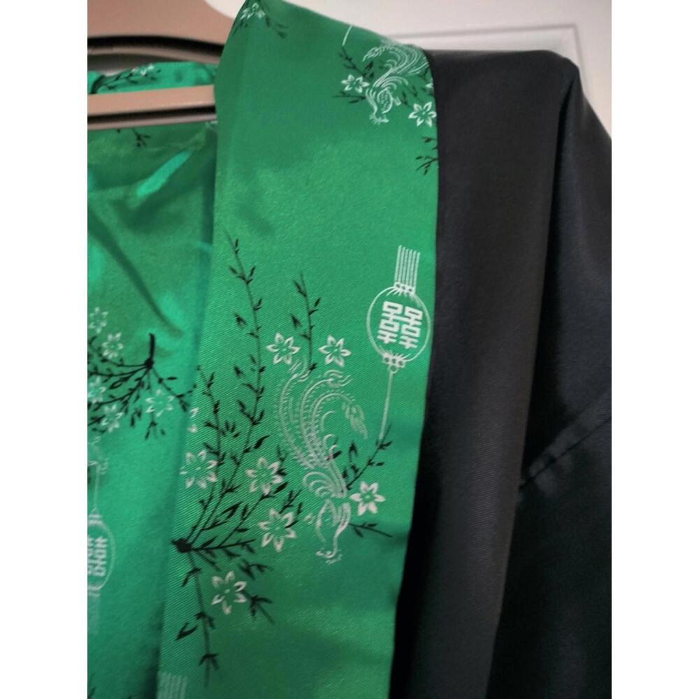 Reversible Satin Dragon Kimono Robe Green & Black Embroidered Vintage Style M - Picture 7 of 14